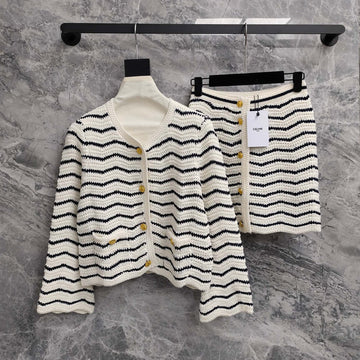 Celine 25 Striped Suit White Black Wool Polyester 278762
