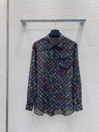 LV 25 Slightly Transparent Shirt  Black White Polyester