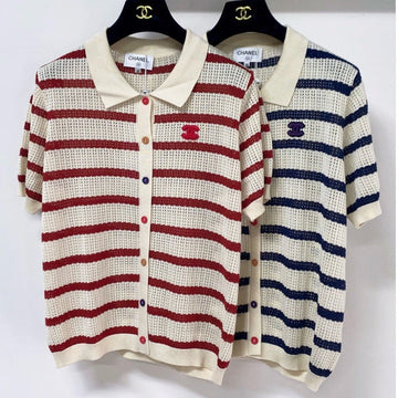 Chanel 2026 Striped Knit Polo Shirt Laine Wool 442989