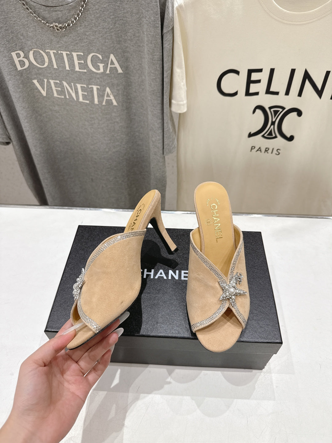 Channel 2026 High-Heeled Mules 90mm Strass Suede 896436