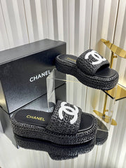 Chanel 2026 Crochet CC Platform Slide Sandals 40mm Raffia Leather 767882