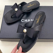 Chanel 2026 Double C Pearl Bow Flip-Flops Leather Sheepskin 831448
