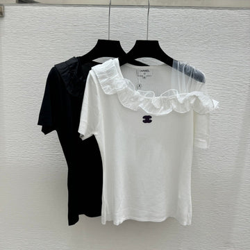 Chanel 2026 Ruffled Neckline Knit Top Black White Wool Nylon