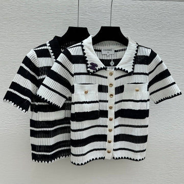 Chanel 2026 Striped Collared Knitted Short-Sleeve Cardigan 170591