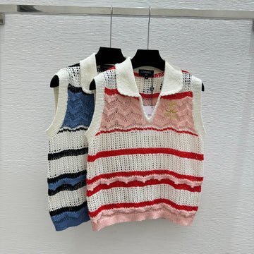Chanel 2026 Striped Openwork Knit Vest Blue and Red Tencel 264033