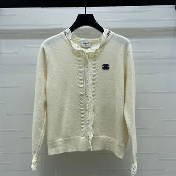 CC 26  Lace-Trimmed Knit Cardigan Cream Wool 340798