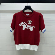 Chanel 2026 Horse Crew Neck Knit Short-Sleeve Shirt Red White Wool 402535