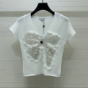 Chanel 2026 Lace Sequin Bow Knit Short-Sleeve T-Shirt Viscose 390731