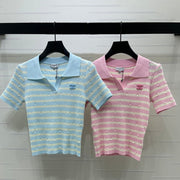 Chanel 2026 Striped Collared Knit Short-Sleeve T-Shirt Cotton 677728