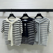 Chanel 2026 Shawl-Style Striped Knit Short-Sleeve Top Viscose 677747