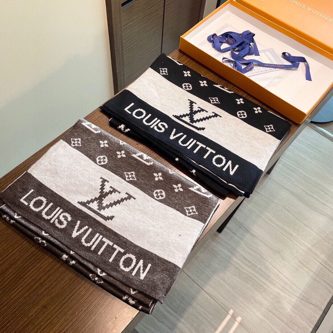 LV  25s Scarf 200cm Brown Light Gray Cashmere 973133