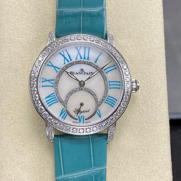 Blancpain's Ladybird 35mm White Blue Dial Diamond Bezel Leather