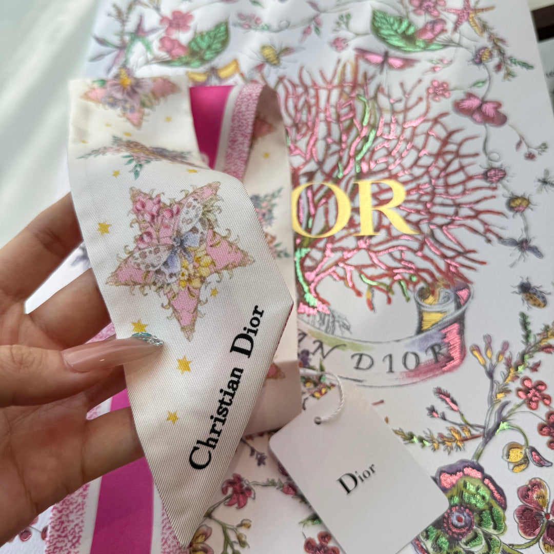 CD Twilly Mini Scarf 105cm White Dark Pink Mulberry Silk 969064