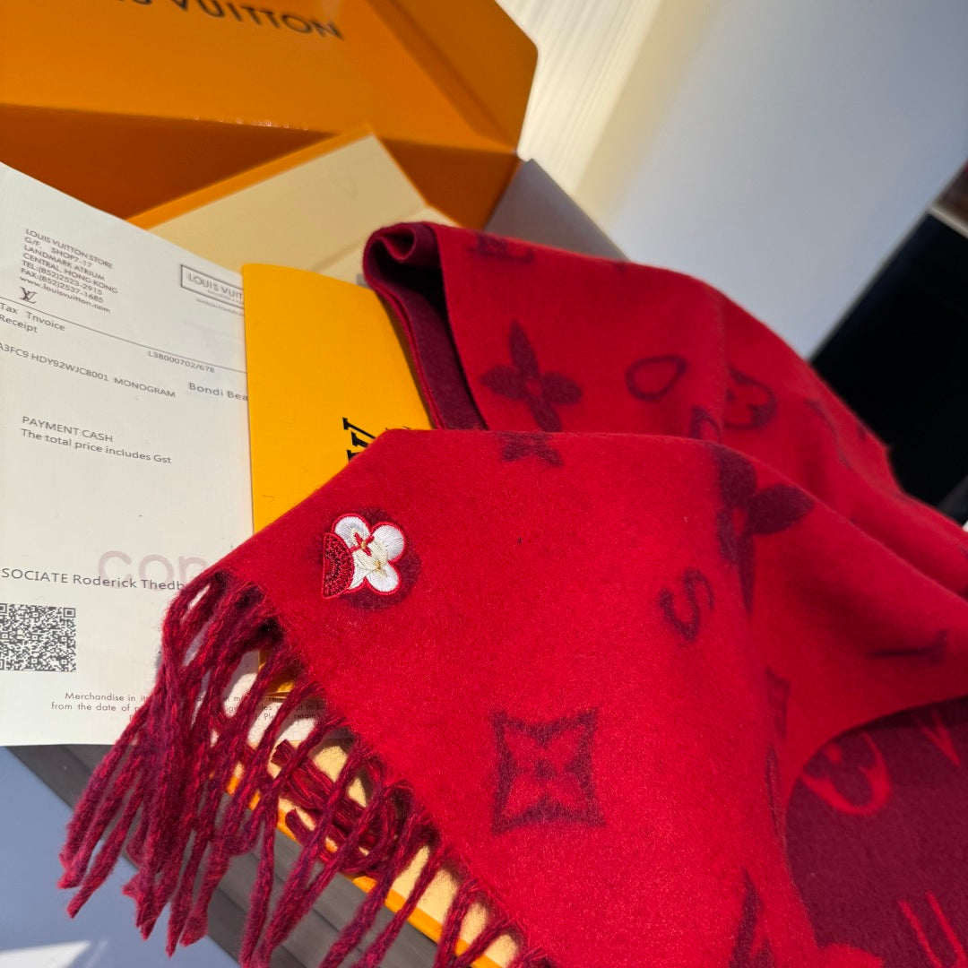 LV Reykjavik Scarf 220cm Red Cashmere 973487