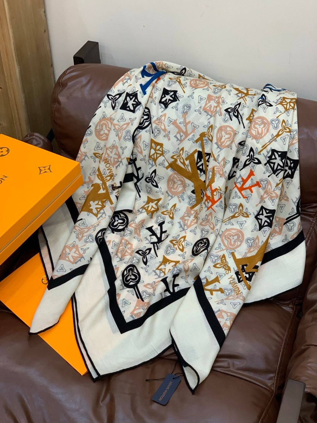 LV X TM MONOGRAM Scarf White Black Beige Silk Cashmere 965397