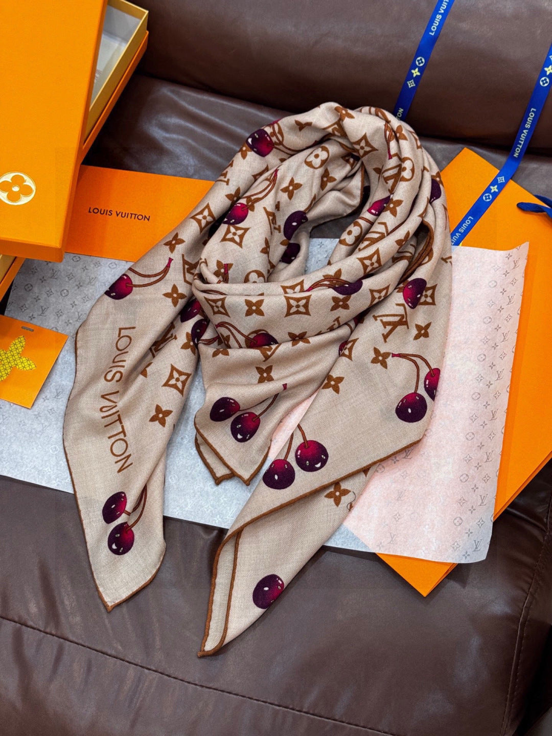 LV X TM MONOGRAM Scarf Beige Burgundy Brown Silk Cashmere 965429