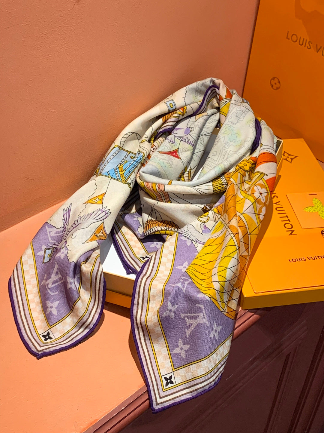 LV Double-Sided Shawl Scarf 135cm Purple Beige Cashmere 968786