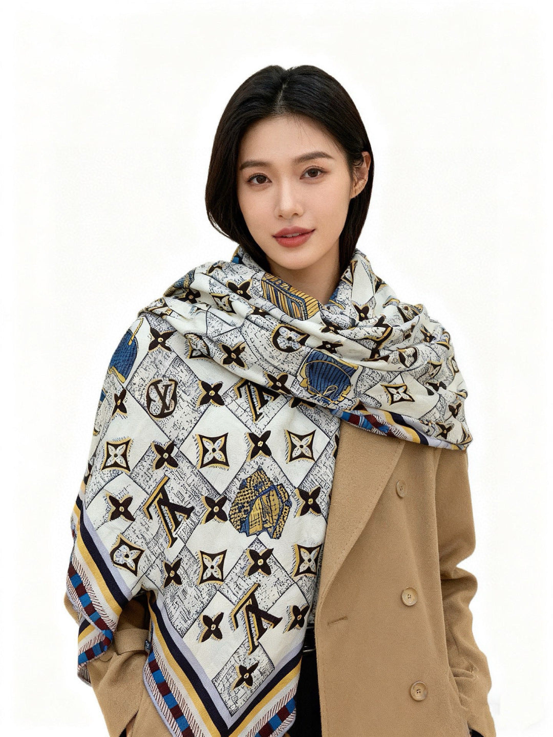 LV Double-Sided Shawl Scarf 135cm Black Yellow Cashmere 968797
