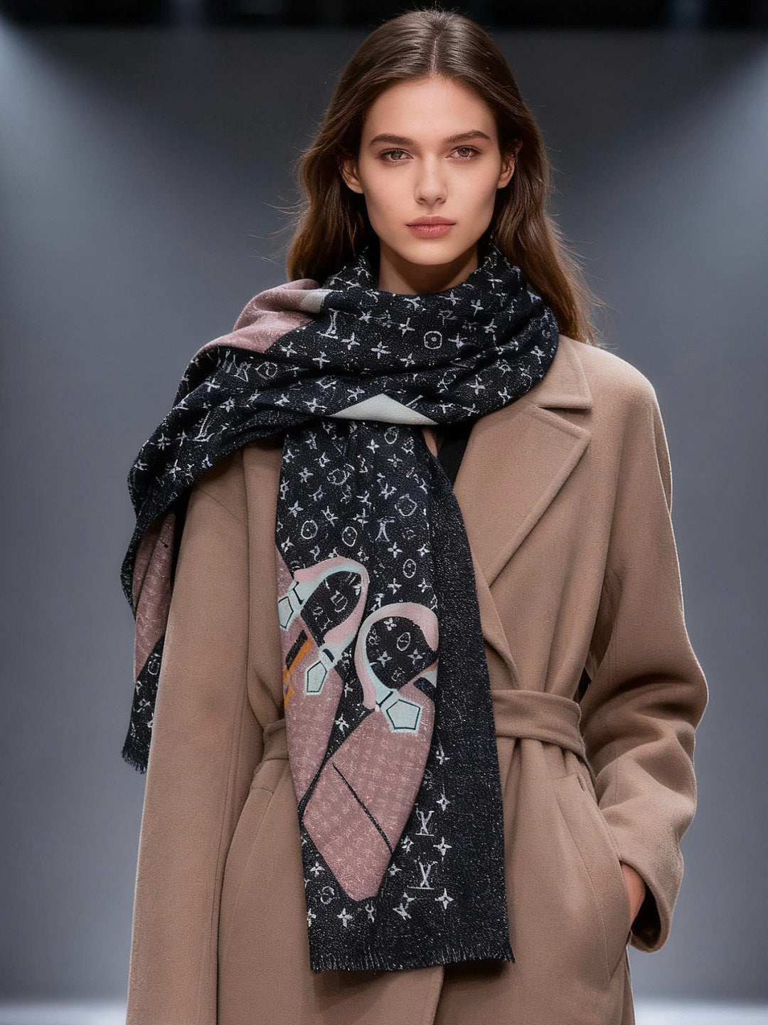 LV Monogram Scarf 200cm Black Brown Cashmere 969190