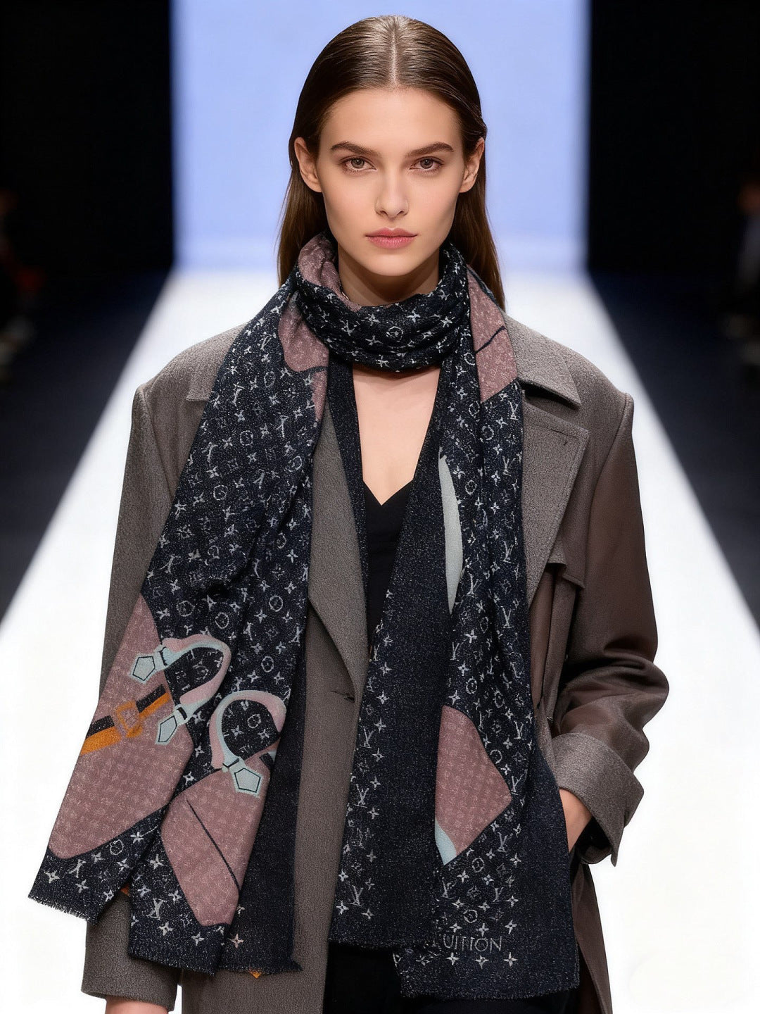 LV Monogram Scarf 200cm Black Brown Cashmere 969190