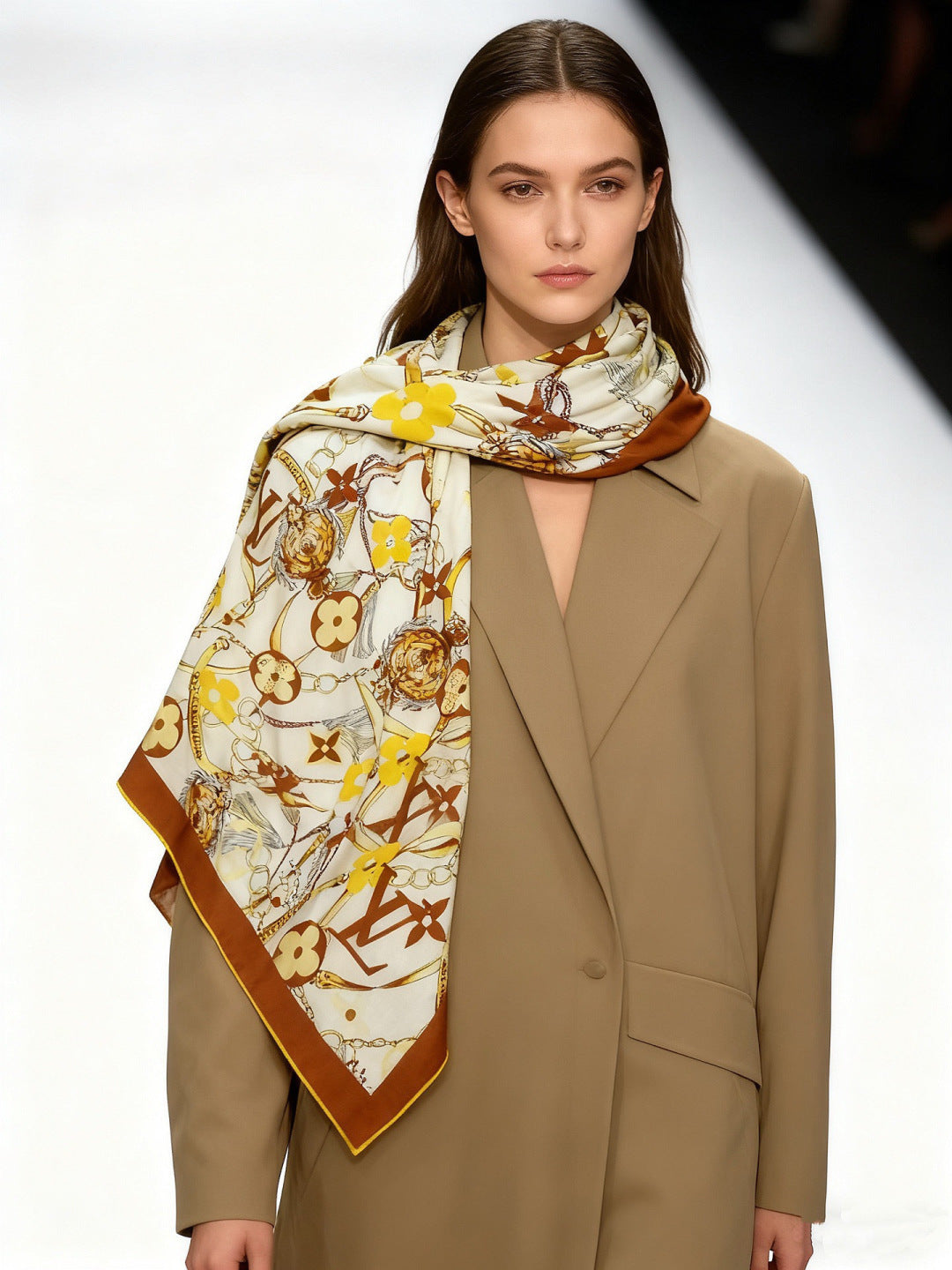 LV Latest Style Scarf 140cm Brown Beige Cashmere 969240