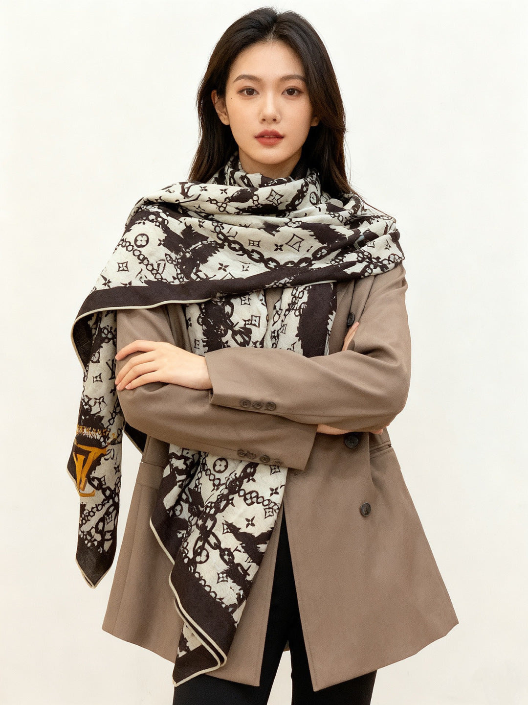 LV Double-Sided Shawl Scarf 140cm White Black Silk Cashmere 976740