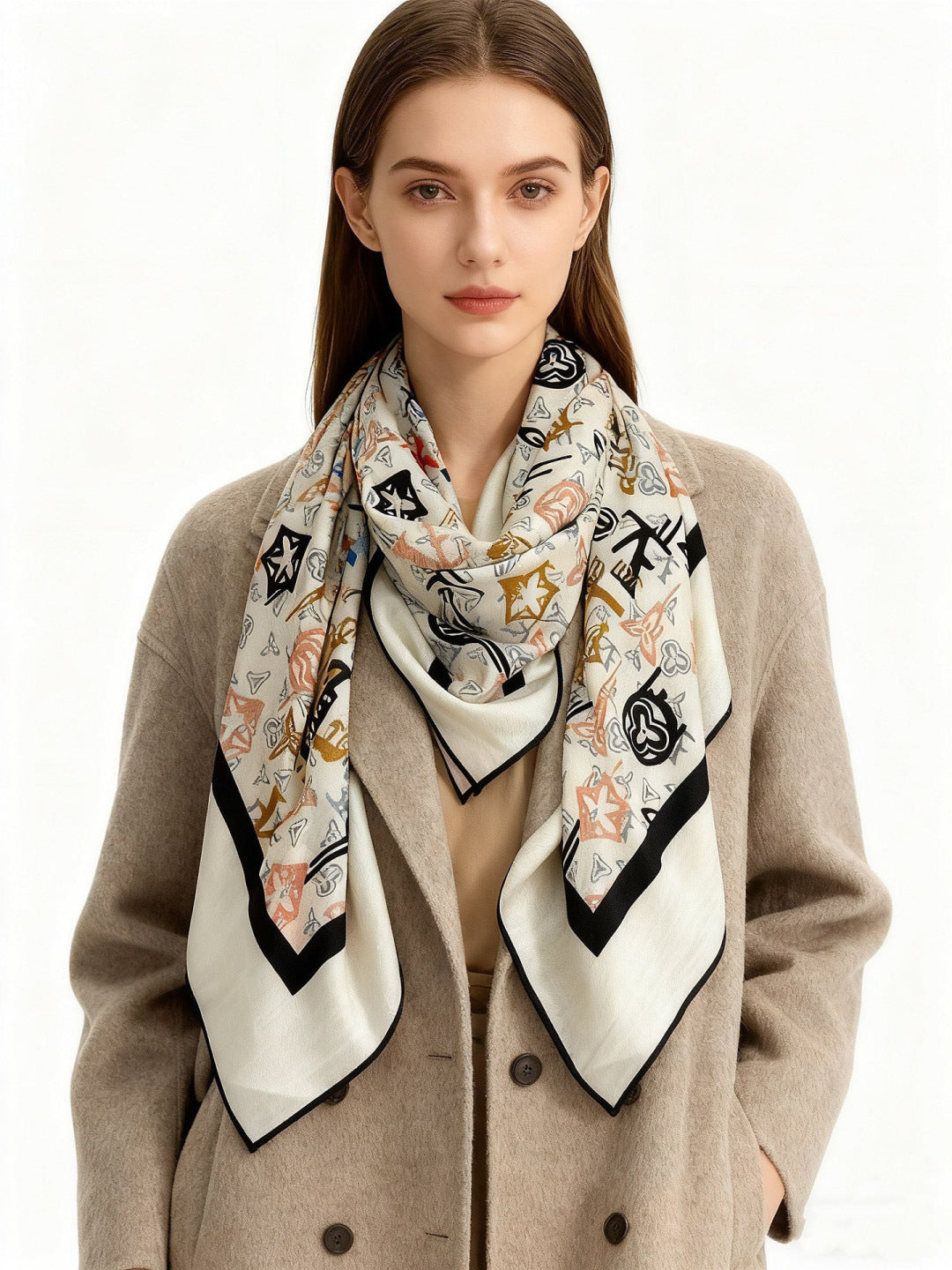 LV Double-Sided Shawl Scarf 140cm White Blue Silk Cashmere 976742