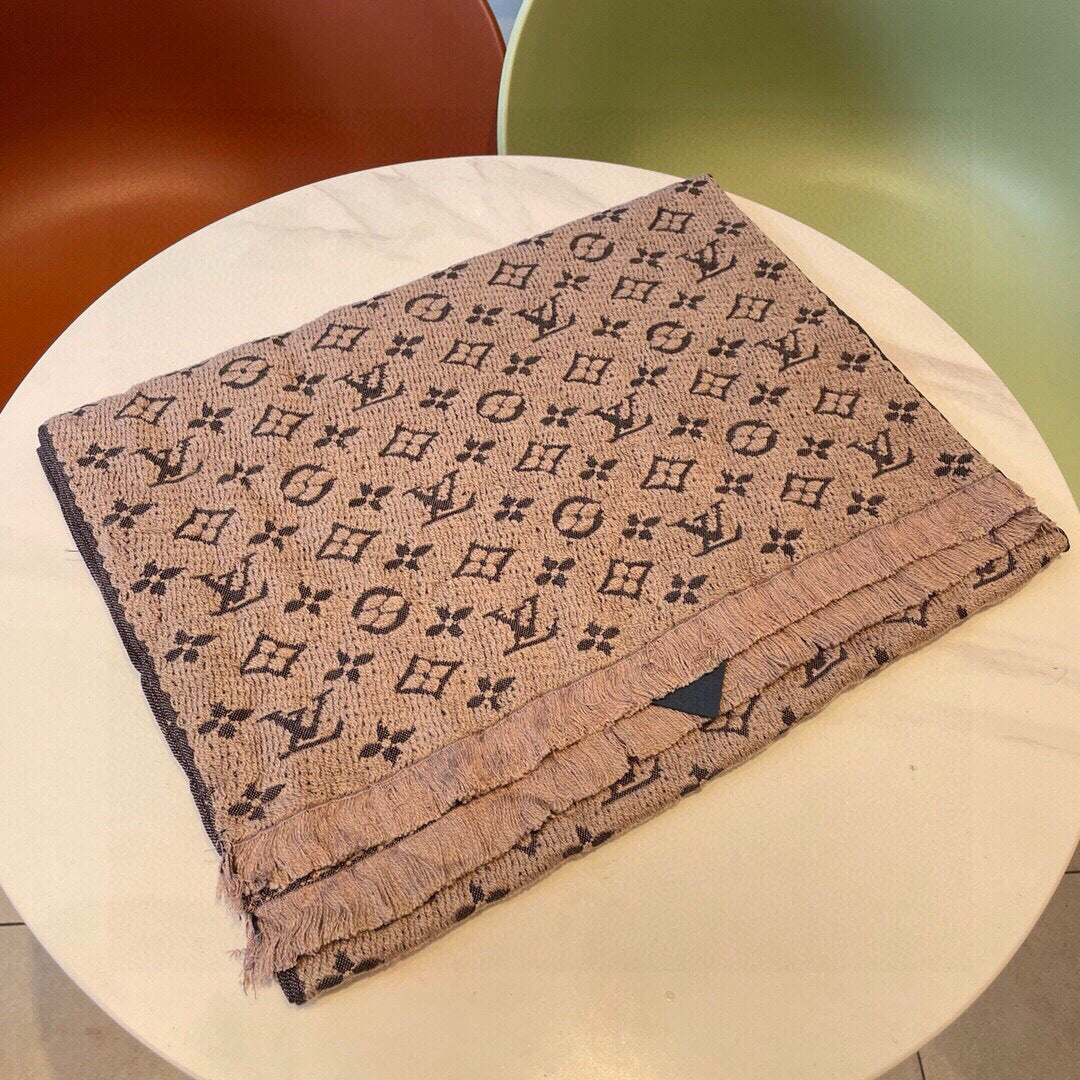 LV Scarf 180cm Beige Black Cashmere 973414
