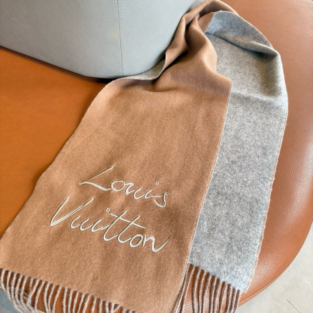 LV Reversible Scarf 180cm Light Brown Gray Sheep Wool 978752