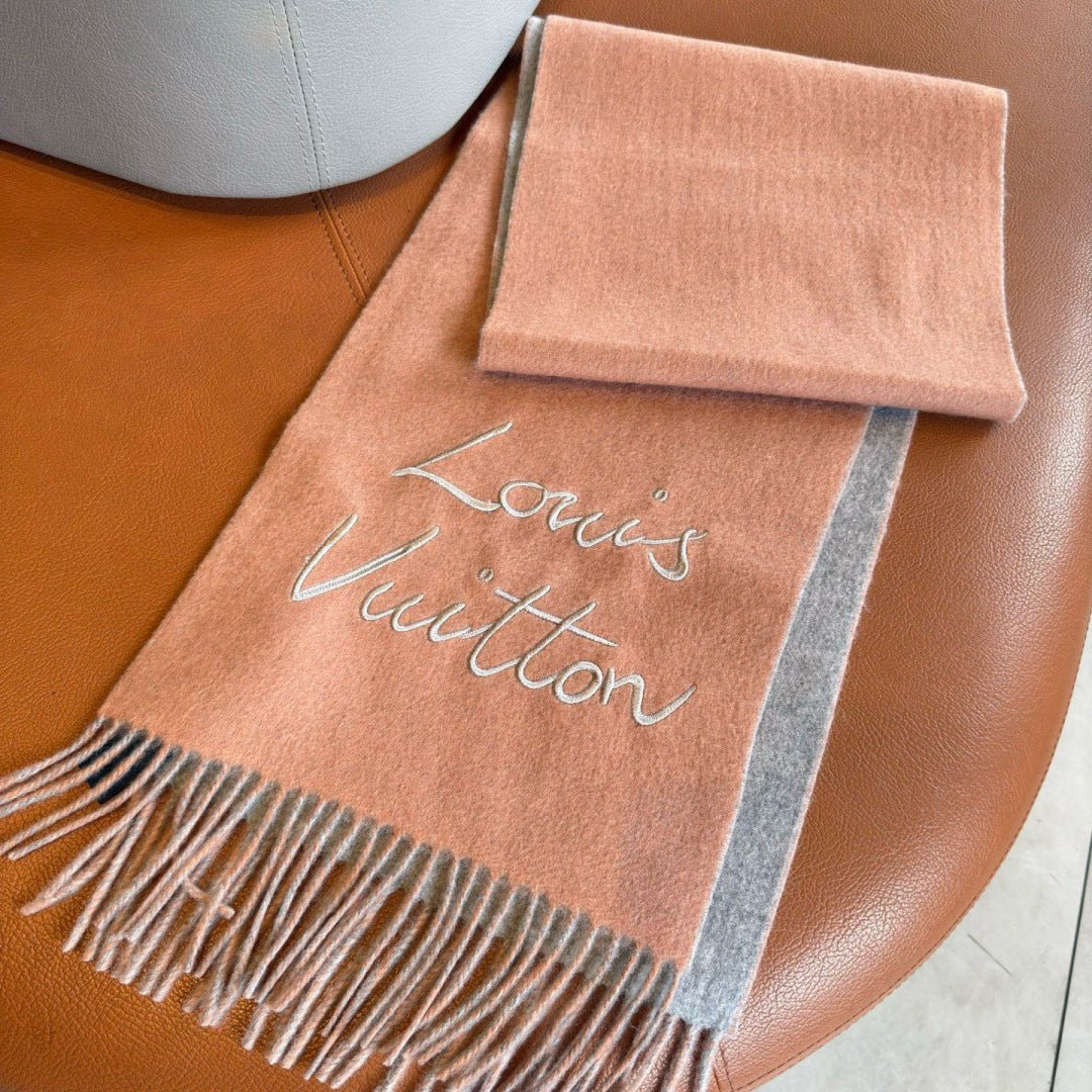 LV Reversible Scarf 180cm Pink Gray Sheep Wool 978753