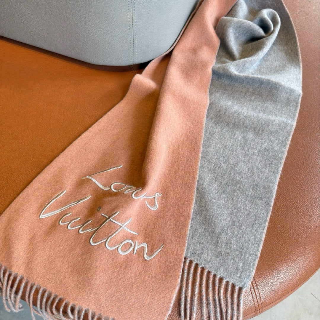 LV Reversible Scarf 180cm Light Brown Gray Sheep Wool 978752