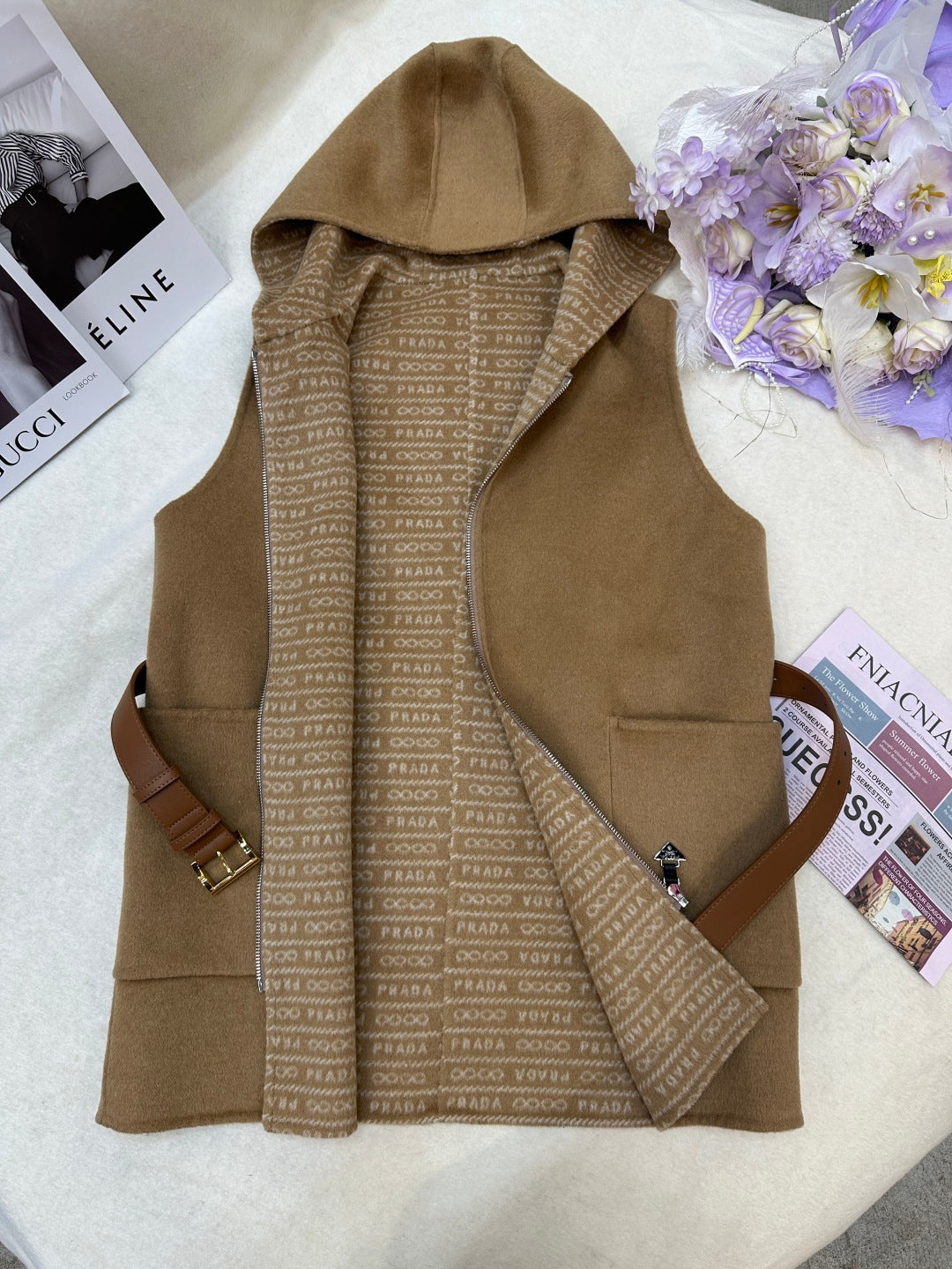 Prada 25 Hooded Vest Camel Wool 637341