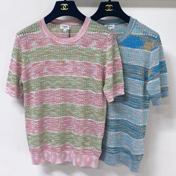 Chanel 2026 Striped Knit Short-Sleeve Sweater Wool 435128
