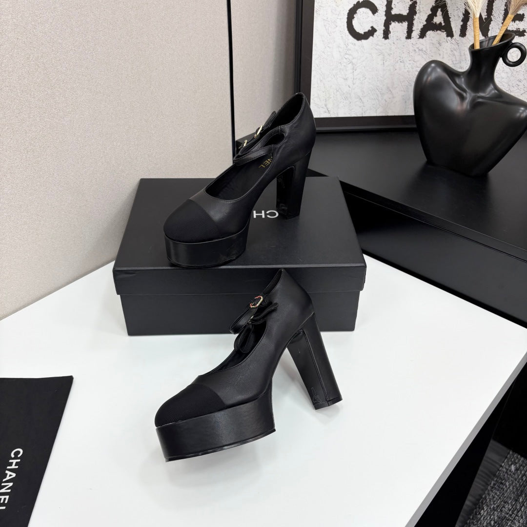 CC 25S Mary Jane Platform 11cm Black Calfskin Grosgrain