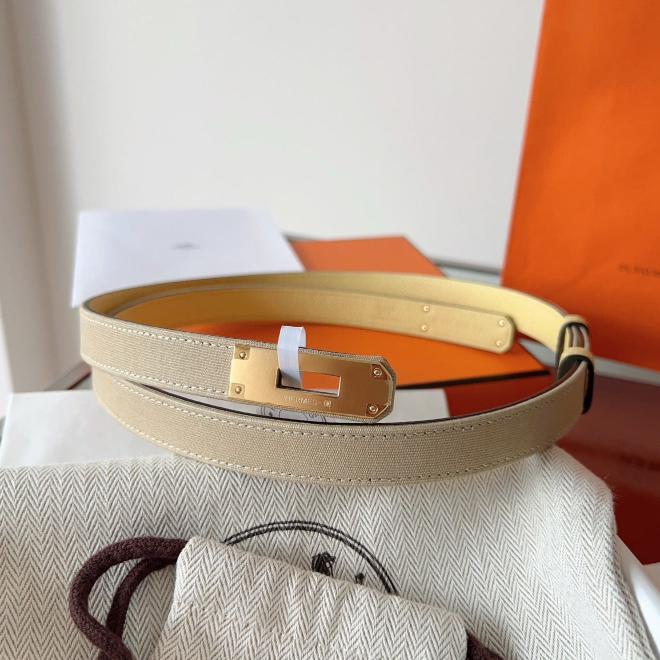 HM Kelly Belt 18mm Beige Canvas Epsom Leather Pink Gold Buckle