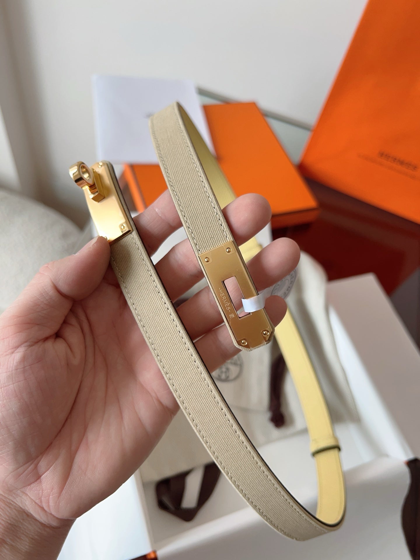 HM Kelly Belt 18mm Beige Canvas Epsom Leather Pink Gold Buckle