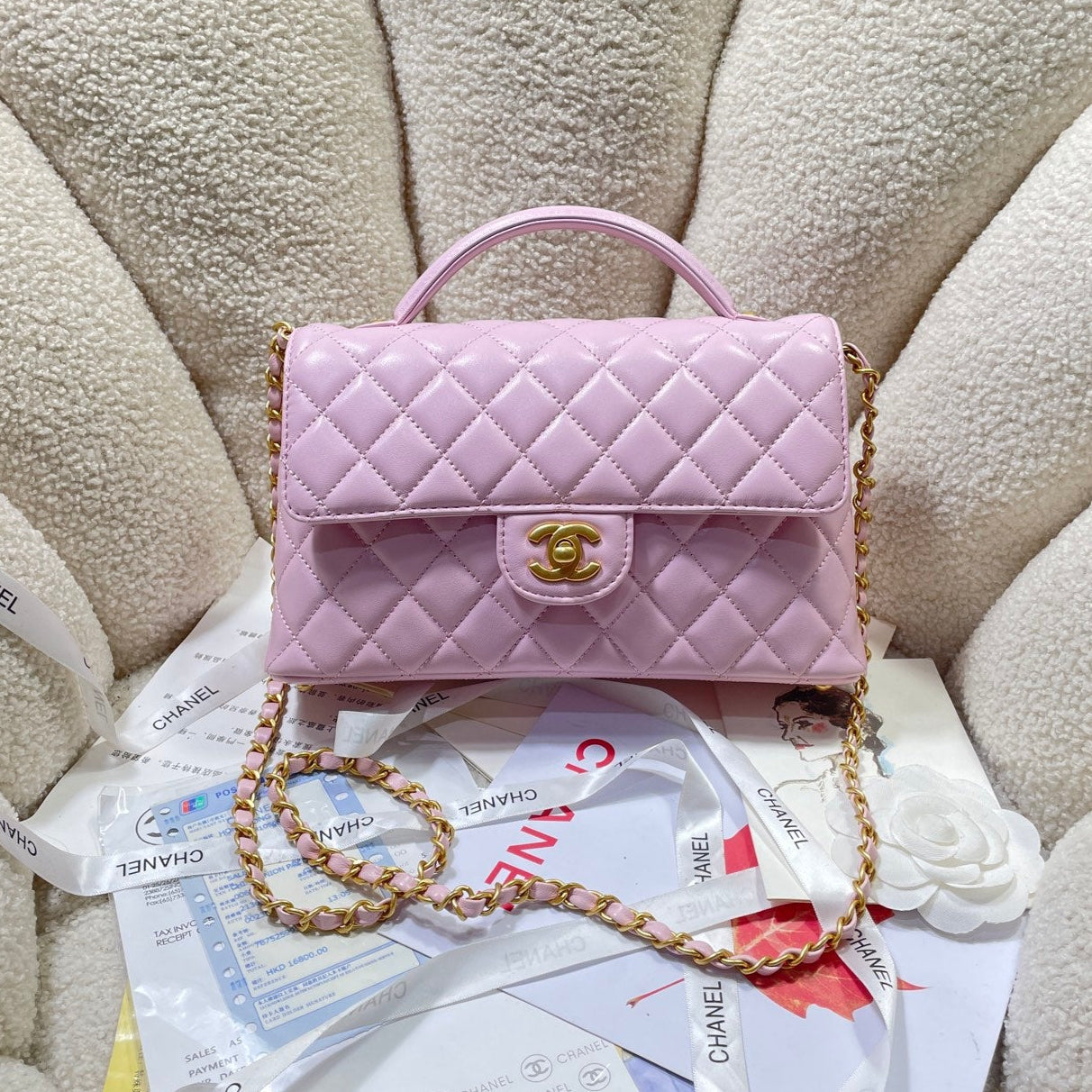 CC 25P Medium Flap Bag 25cm Top Handle Pink Calfskin Gold Hardware