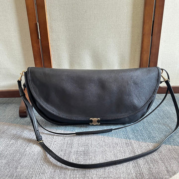 Celine 2025 Halfmoon Soft Triomphe Bag Black Shiny Lambskin