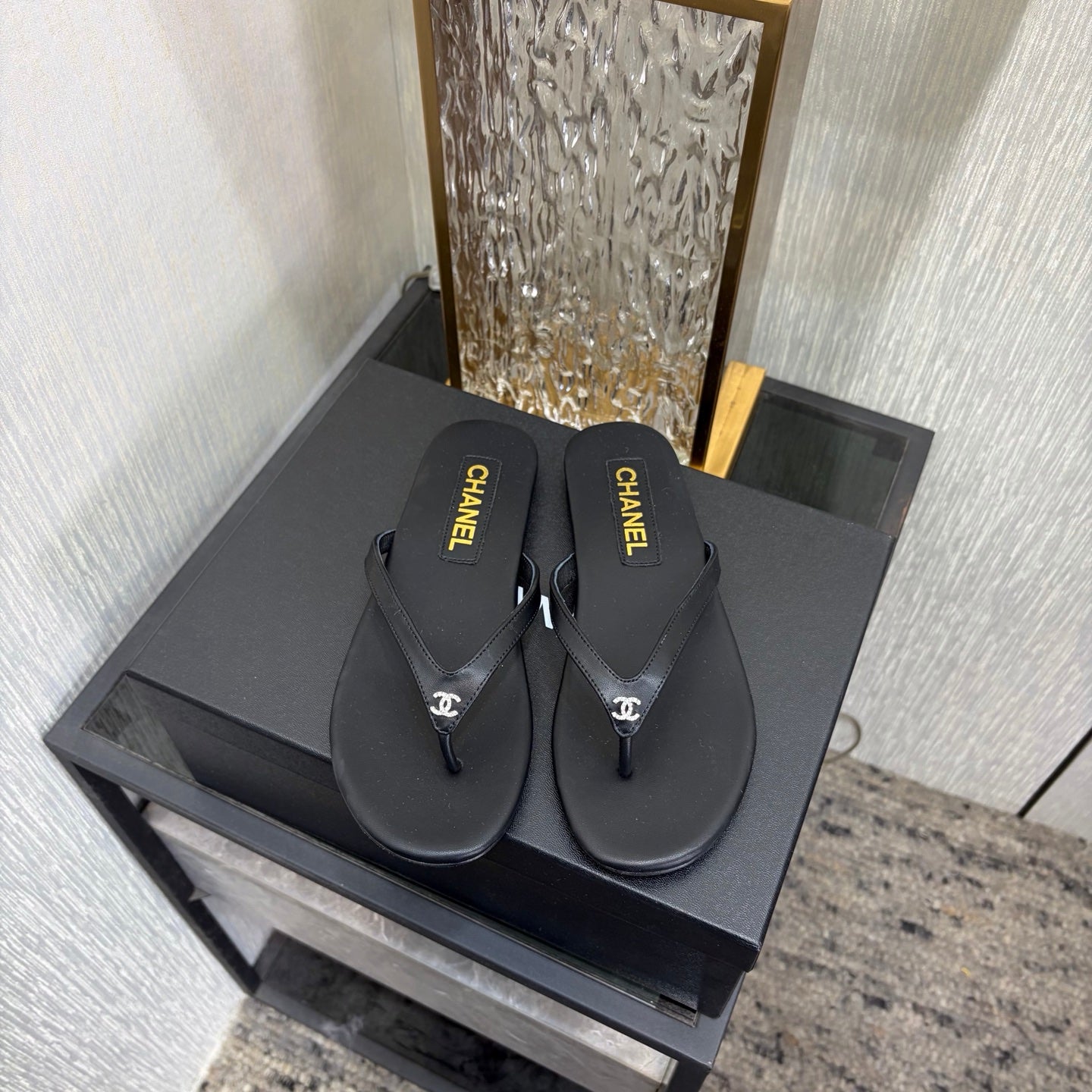 Chanel 2026 Classic CC Logo Flip Flops Black Sheepskin 826169