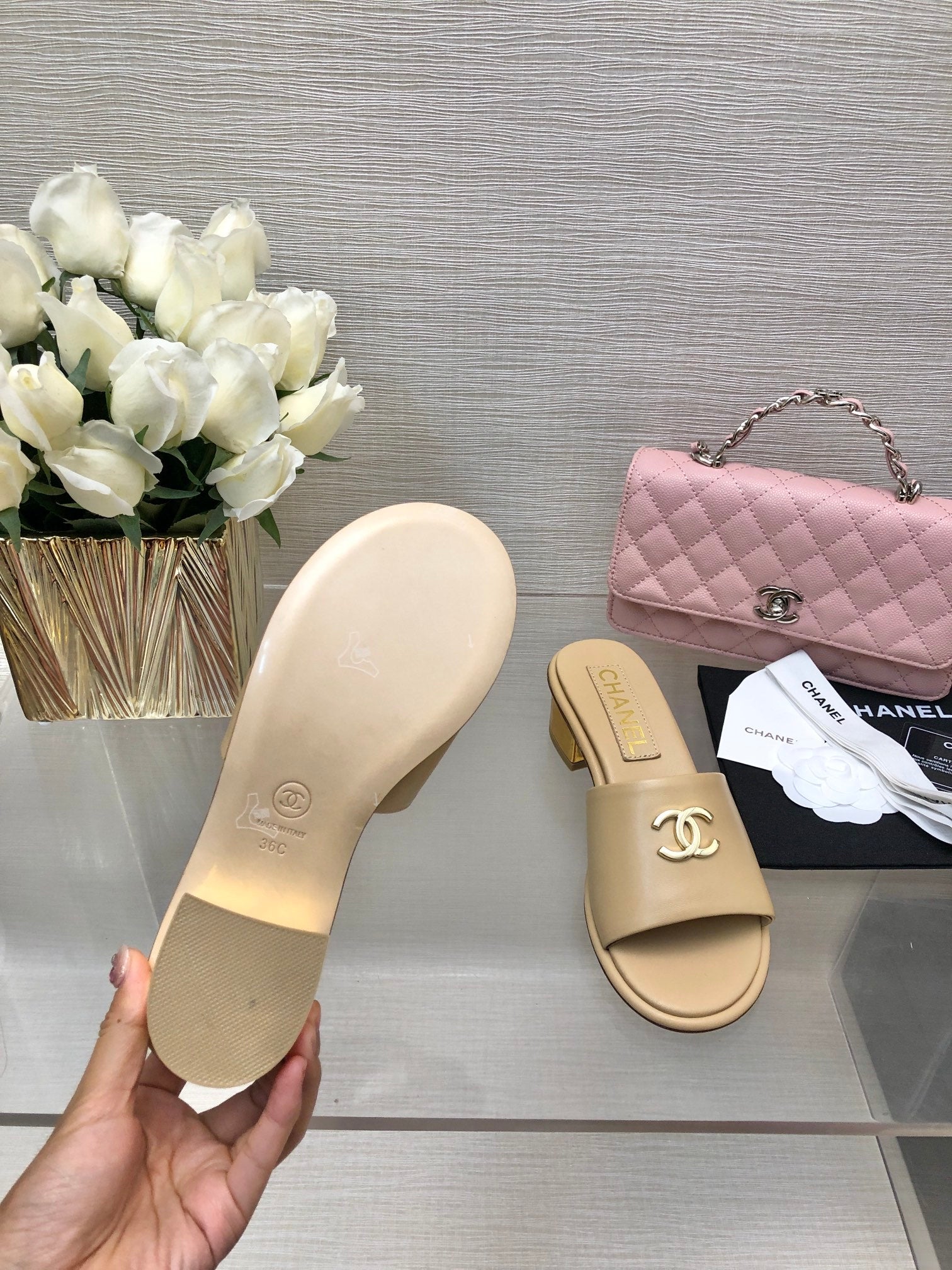 CC 25C Mid Heel Mule Cream Genuine Calfskin 212955