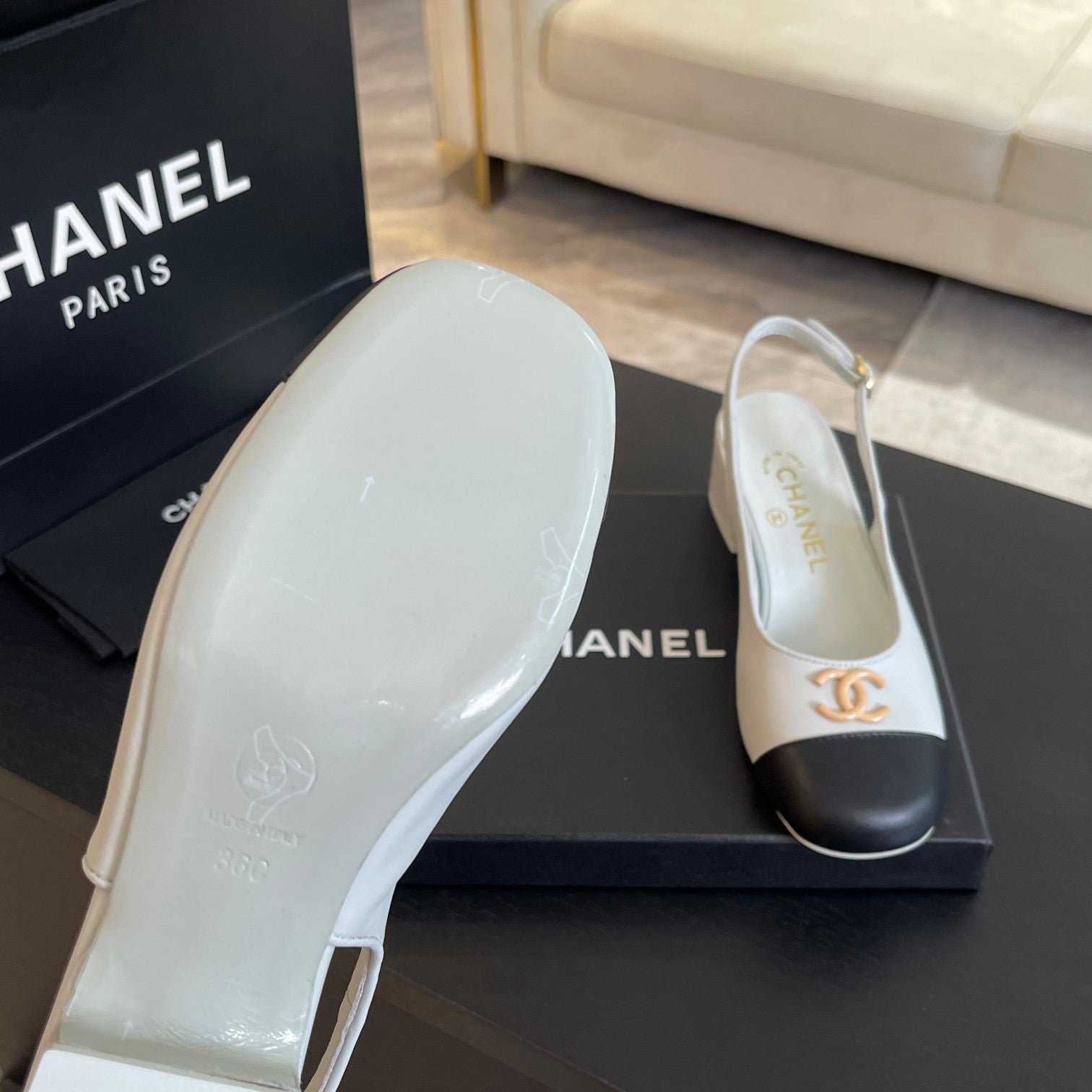 cc slingback 50 white black calfskin