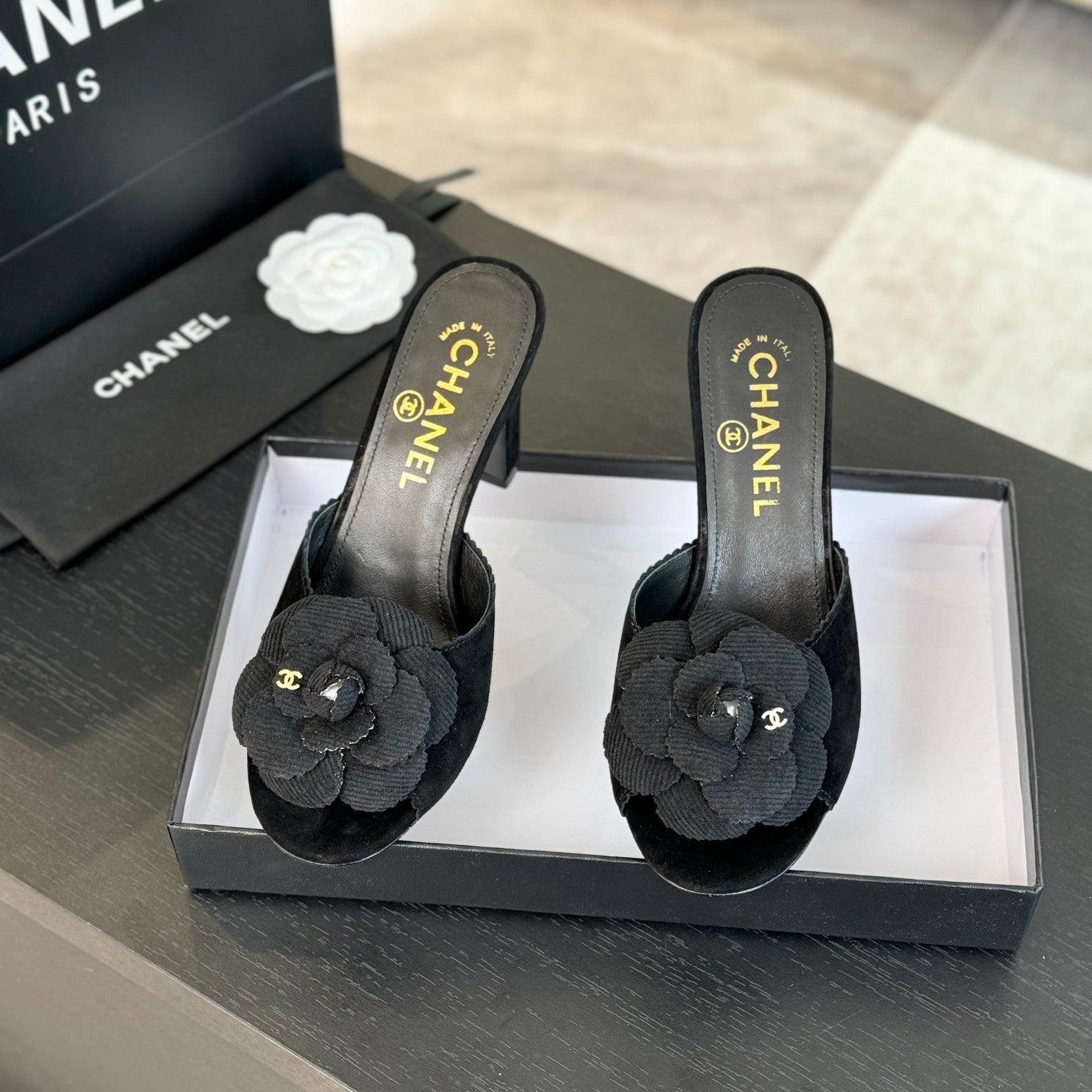 mule sandal flower high heel 80 black suede