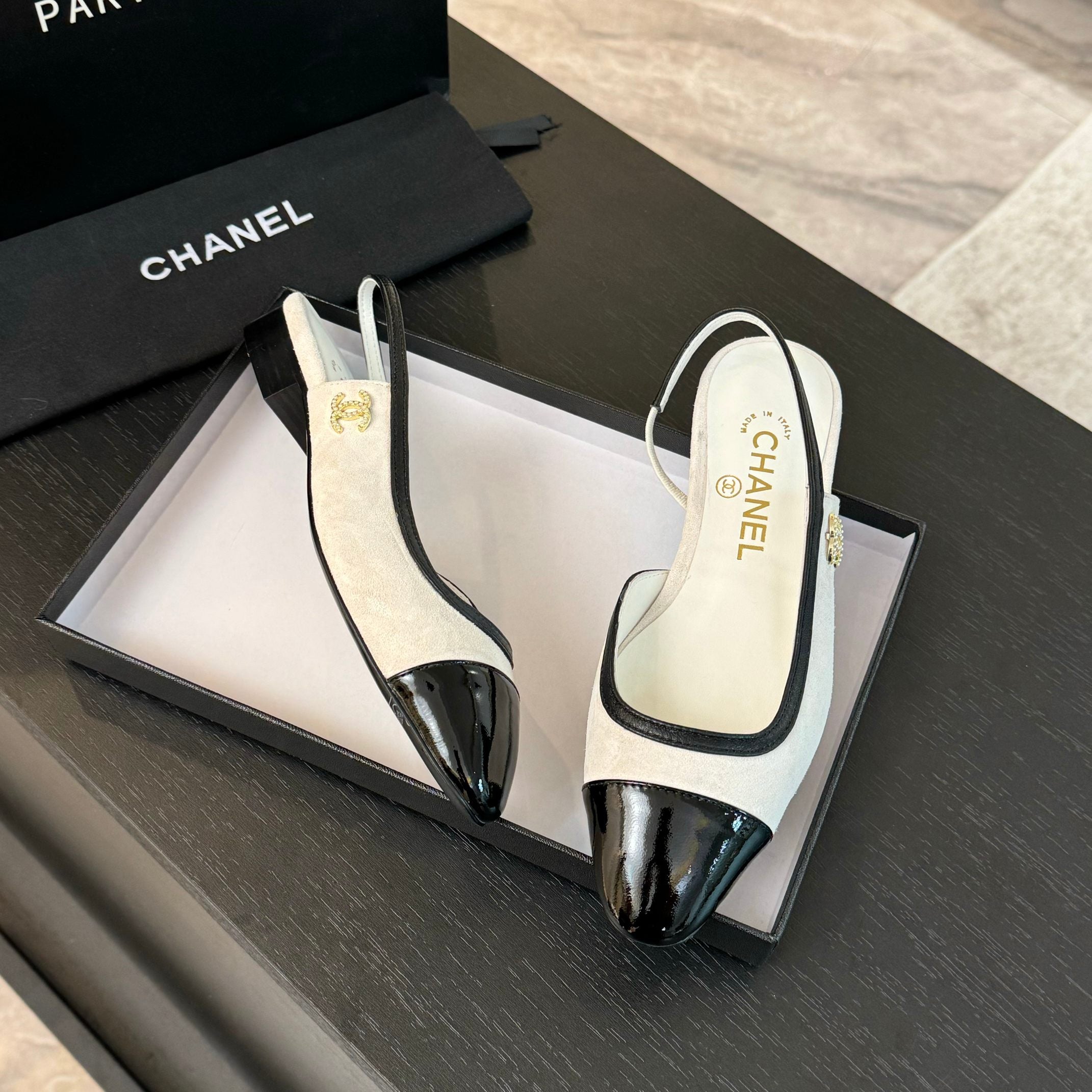 CC Slingback White Black Suede