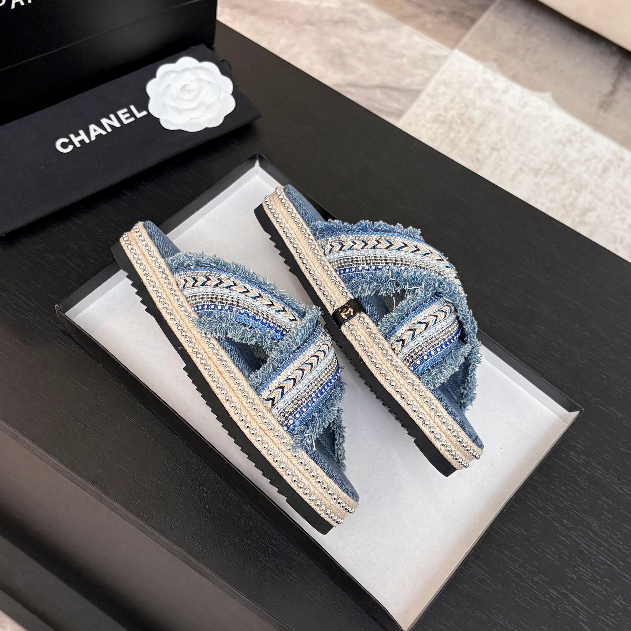 CC 25C Thick-Soled Slipper In Black Denim Steel Blue Fabric 213232
