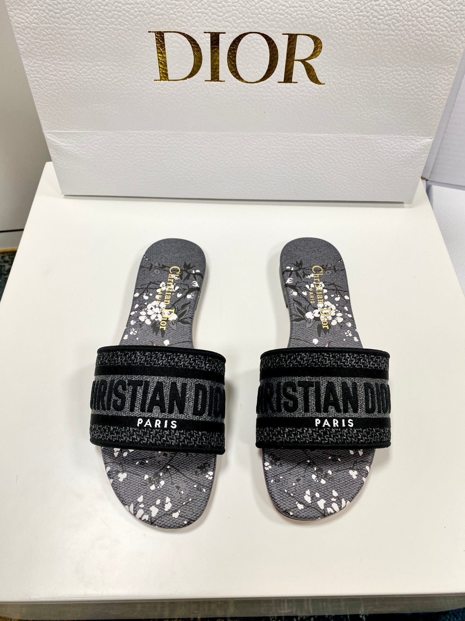 CD 26s Embroidered Sandals Gray Black Canvas Leather 683017