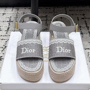 Dior 2026 Wedge Sandals with Lace Trim 85mm Straw Fabric 924822
