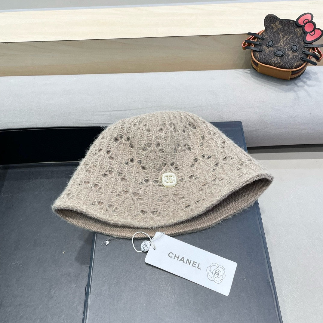 BUCKET HAT KHAKI BROWN KNITTED FABRIC WITH RABBIT FUR 428091