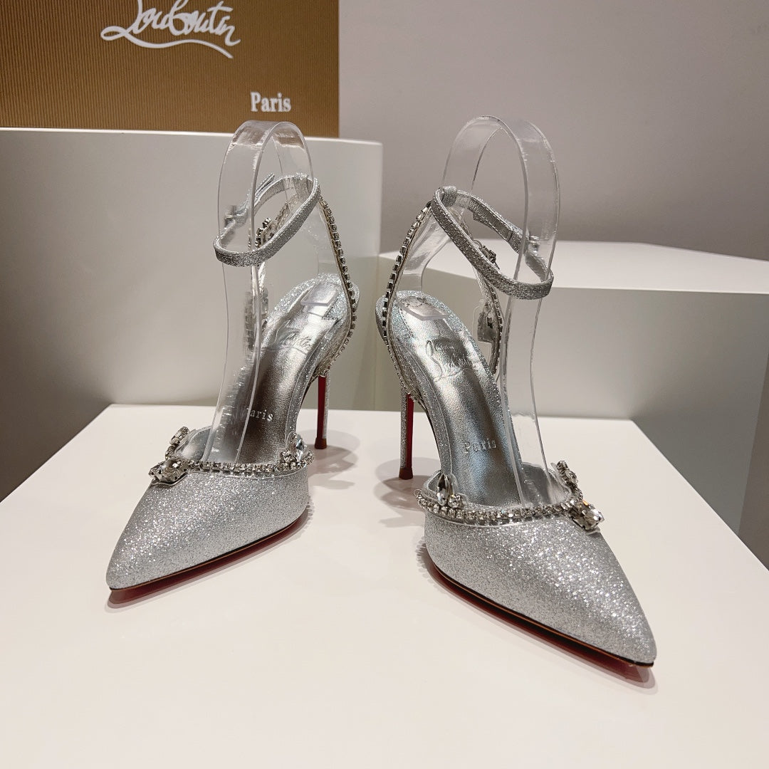 CL Marykate Queen 100MM Pumps Crystal-Embellished Glitter Silver