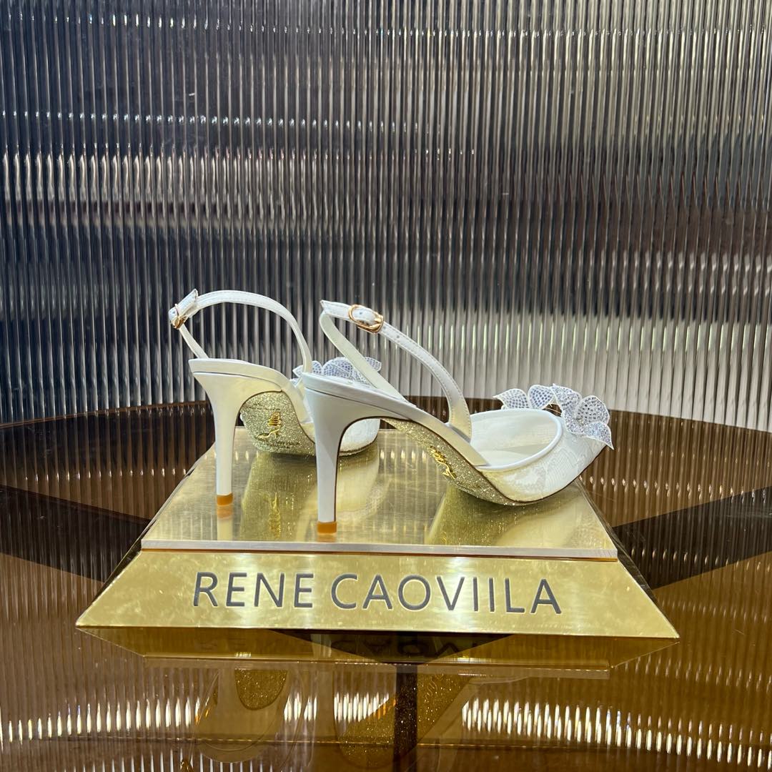 RC 25C Flower-Studded Diamond High-Heeled Sandals White Sheepskin 174905