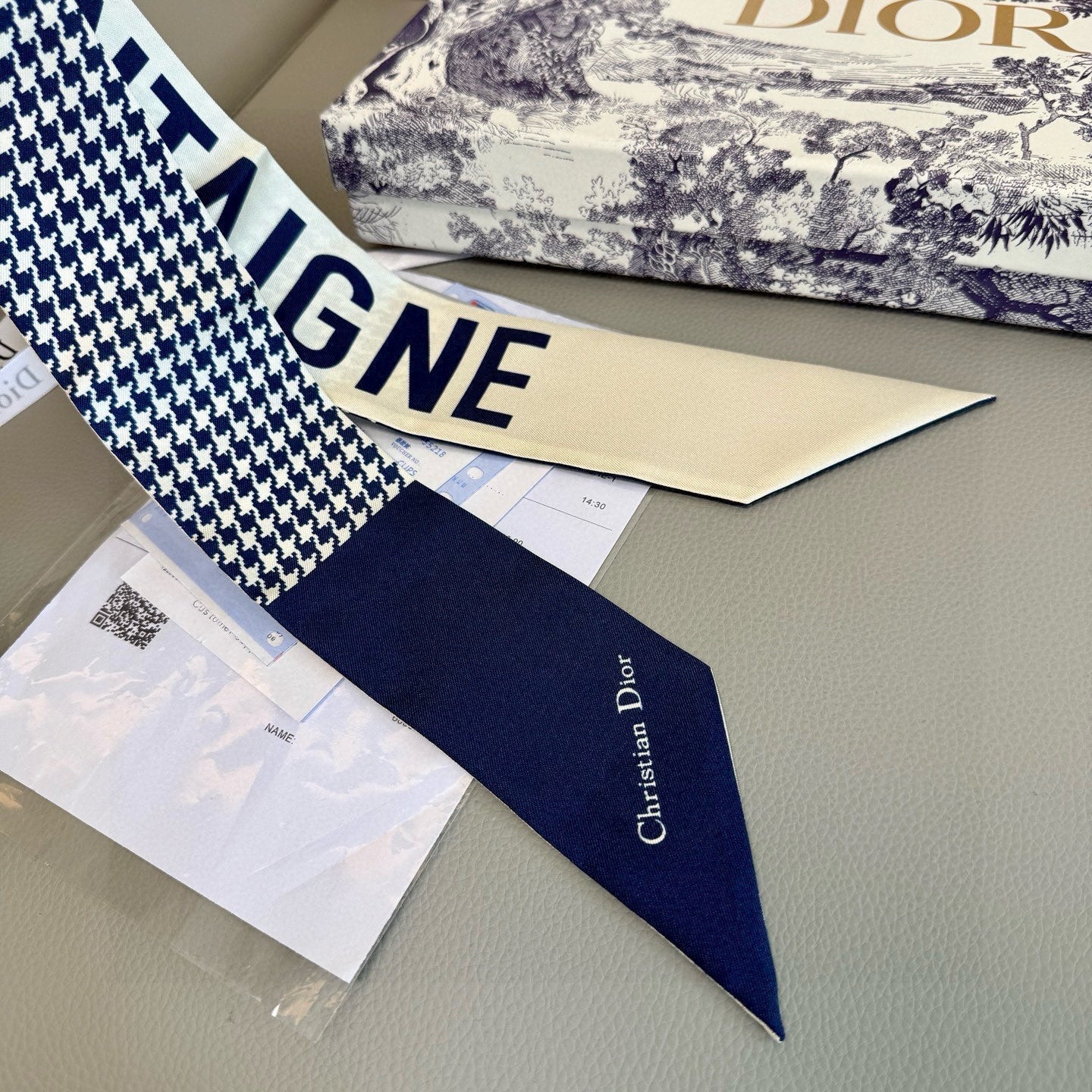 CD Twilly Mini Scarf 105cm Beige Navy Blue Mulberry Silk 909397